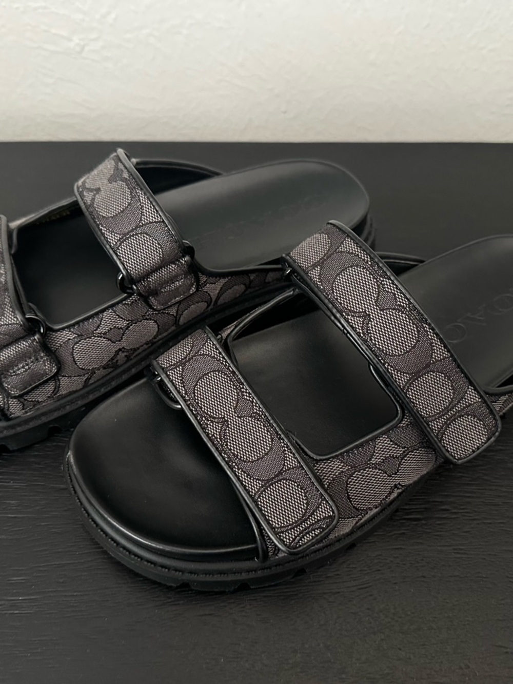 Coach Black and Gray Monogram Double-Strap Slides